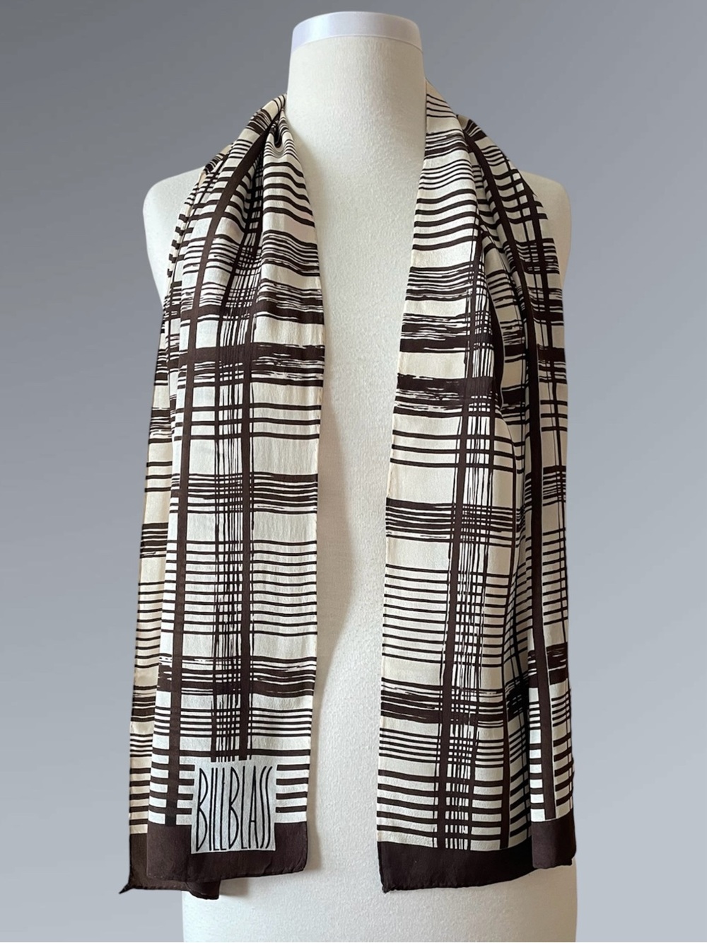 Vintage BILL BLASS Silk Brown & Cream Graphic Plaid Print Long Designer Scarf